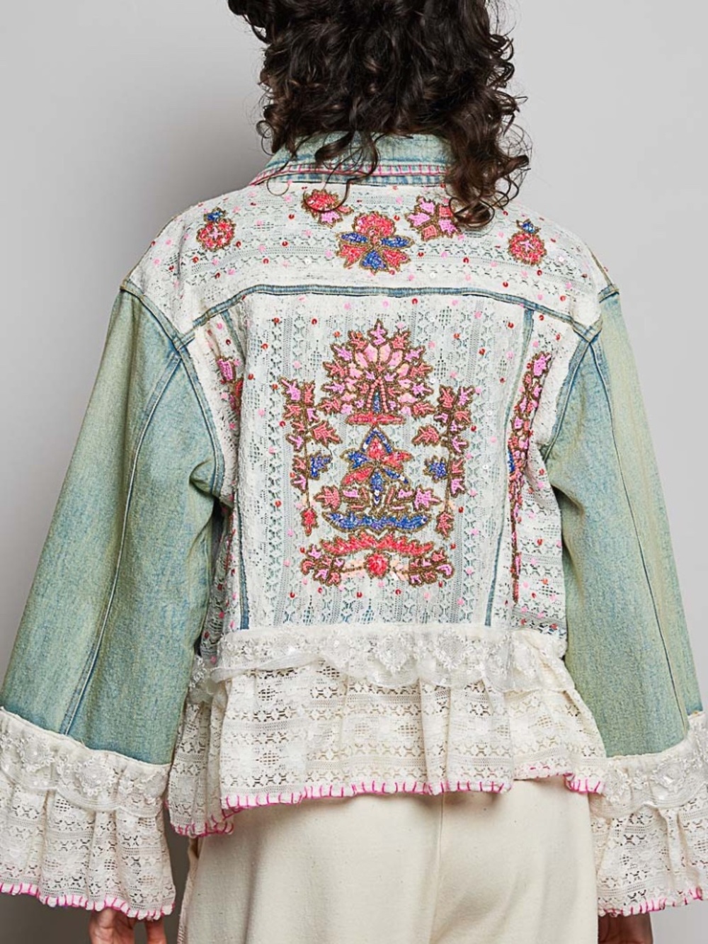 CRAZY Beautiful! POL Sequins/Lace Denim Jacket - Picture 3 of 6
